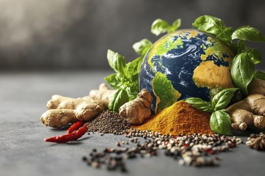A globe surrounded by Indian spices like turmeric, ginger, black pepper, and chili — symbolizing the global demand for Indian spices exported by MerakiAnanta.
