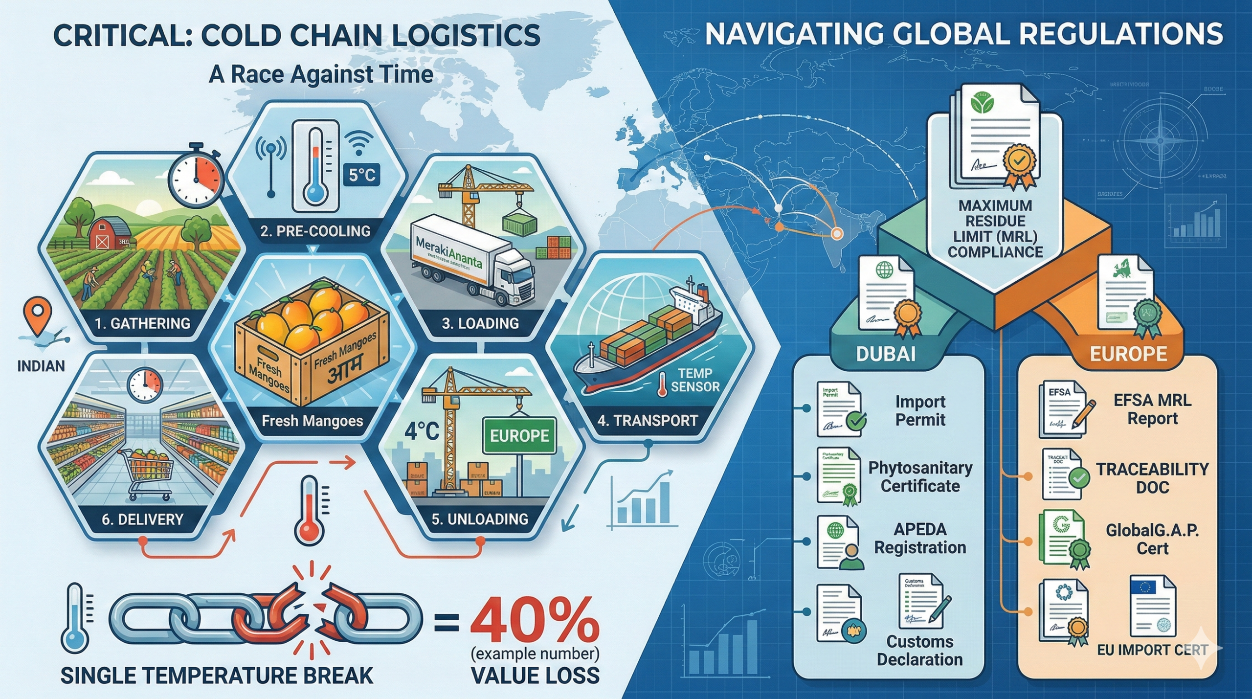infographic illustrating the high complexity of exporting perishable fruits and vegetables from India. It features a hexagonal flowchart for a "Race Against Time" for fresh mangoes (critical cold chain logistics) on the left, and interlocking modules for "Navigating Global Regulations" for Dubai and Europe on the right, highlighting key certificates like APEDA and MRL compliance.