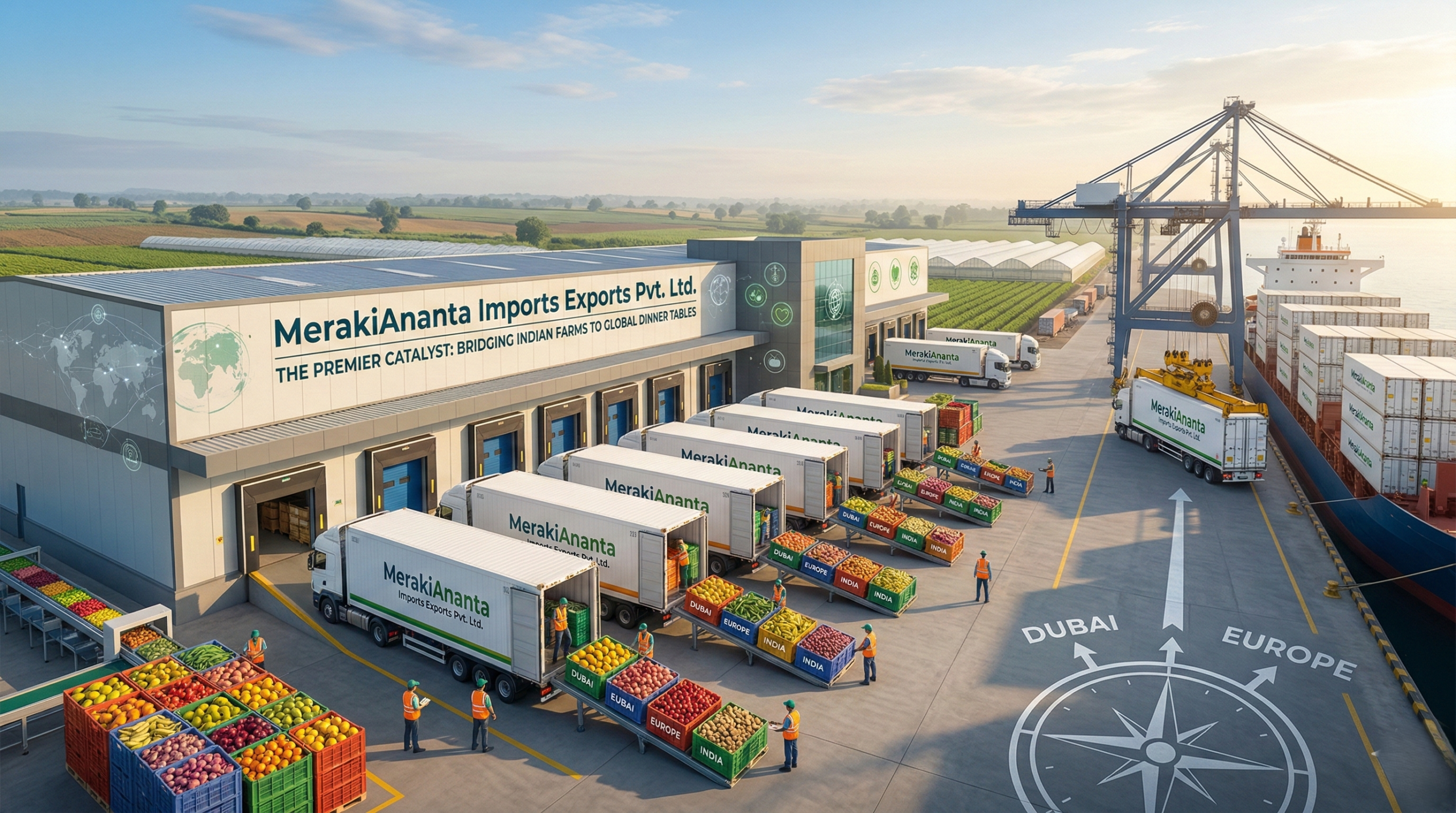 A high-tech cold chain logistics hub for MerakiAnanta Imports Exports Pvt. Ltd. featuring refrigerated trucks being loaded with fresh Indian fruits and vegetables for export to Dubai and Europe.