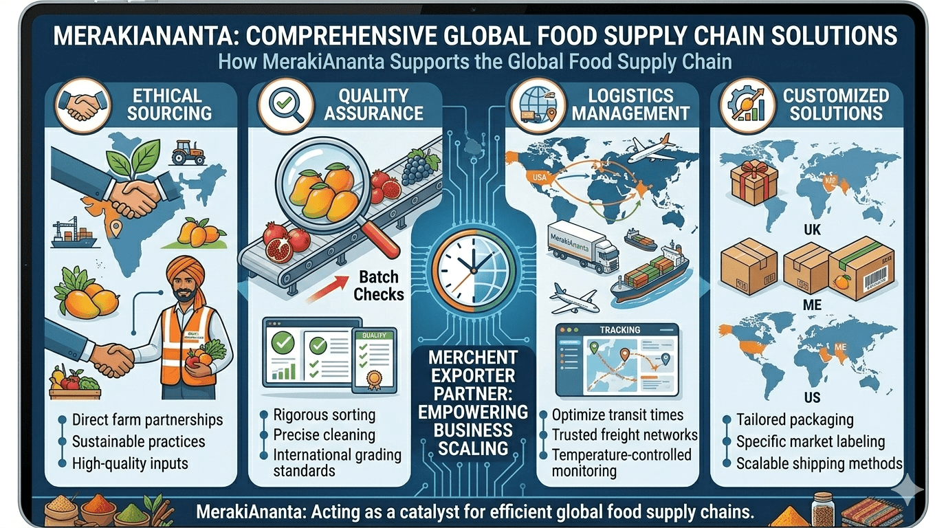 infographic illustrating MerakiAnanta's four comprehensive solutions to support the global food supply chain: Ethical Sourcing, Quality Assurance with rigorous sorting, efficient Logistics Management (temperature-controlled reefer trucks/ships to Dubai, Europe, US), and Customized Solutions featuring tailored packaging and barcodes for UK retailers vs. Middle East wholesalers.
