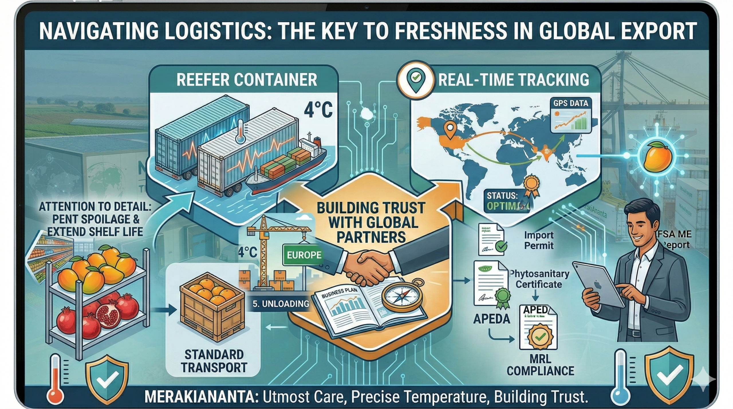 infographic visualizing critical steps for exporting perishables. It displays a "Reefer" container module showing precise 4°C temperature monitoring to extend shelf life, alongside a "Real-Time Tracking" map from India to Dubai/Europe. The central core shows a handshake over an "APEDA" and "MRL Compliance" seal, emphasizing how "Utmost Care" and "Modern Technology" are used to build trust with global partners.