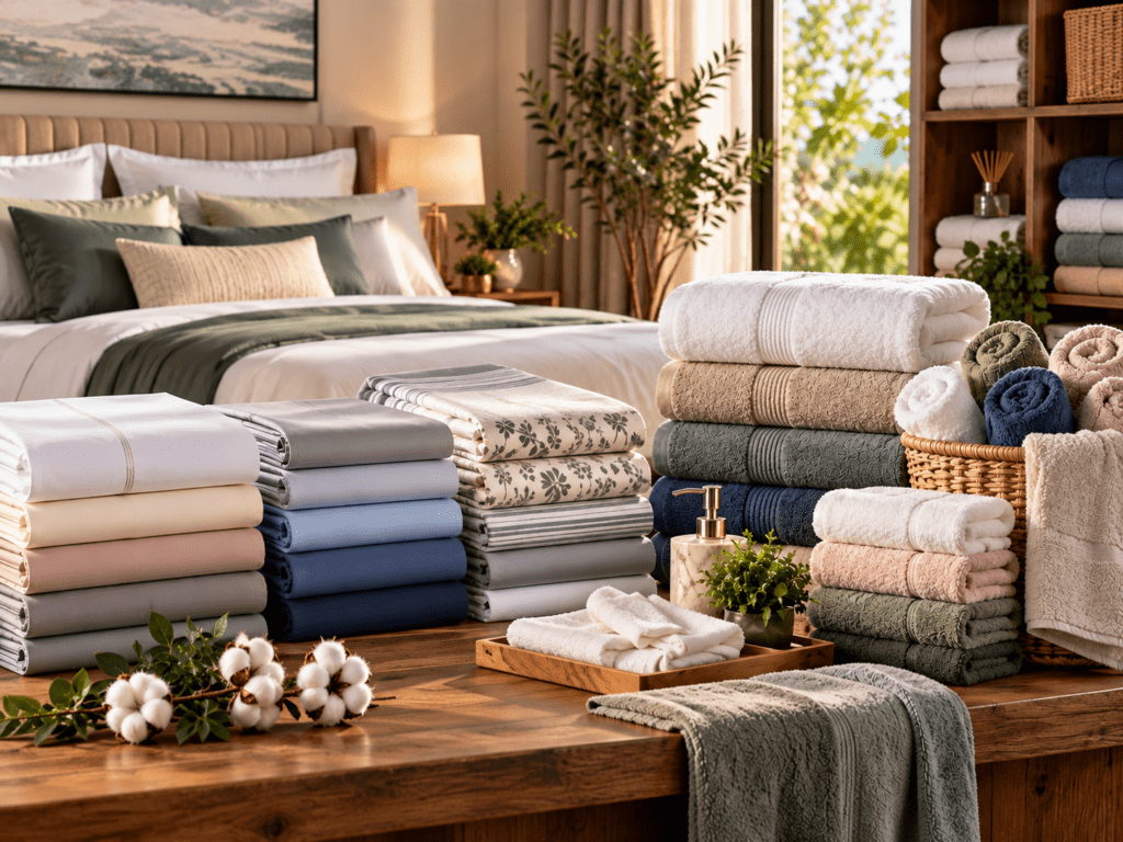 Indian bed sheets and towels for export, featuring cotton, linen and blended bed linens with premium bath and hand towels for international buyers