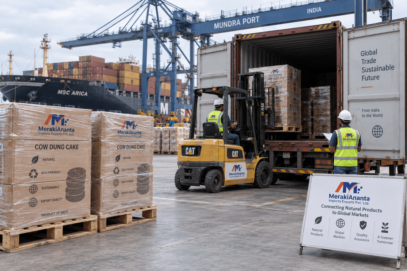 Pallets of packaged cow dung cakes being loaded into a shipping container at an Indian port for export