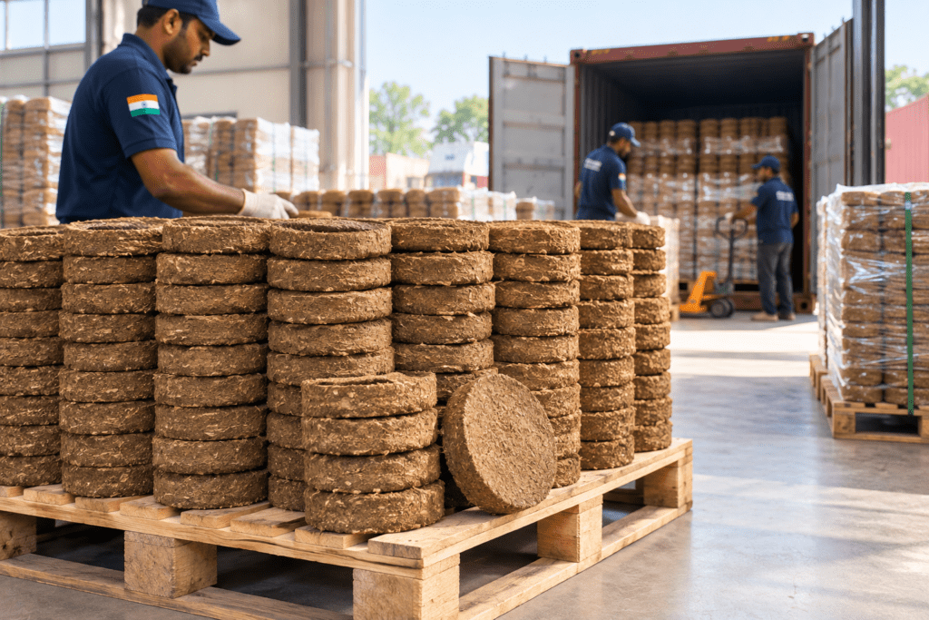 Sun-dried cow dung cakes stacked on pallets for export from India in an organized warehouse