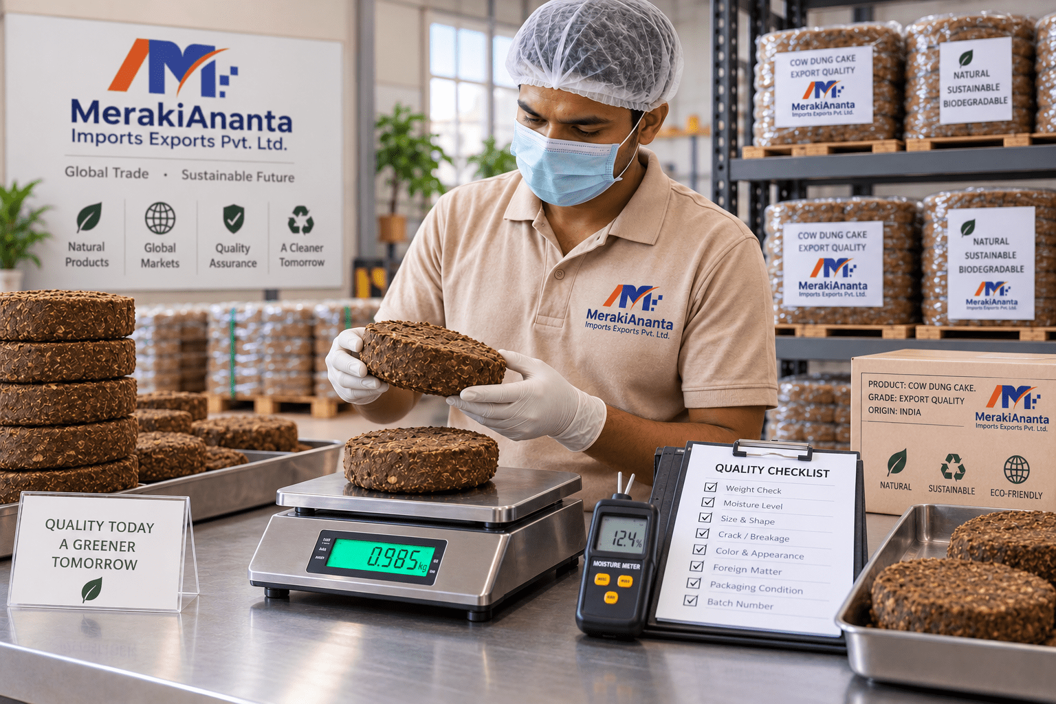 Worker checking cow dung cakes using a digital scale and moisture meter in an export quality control facility