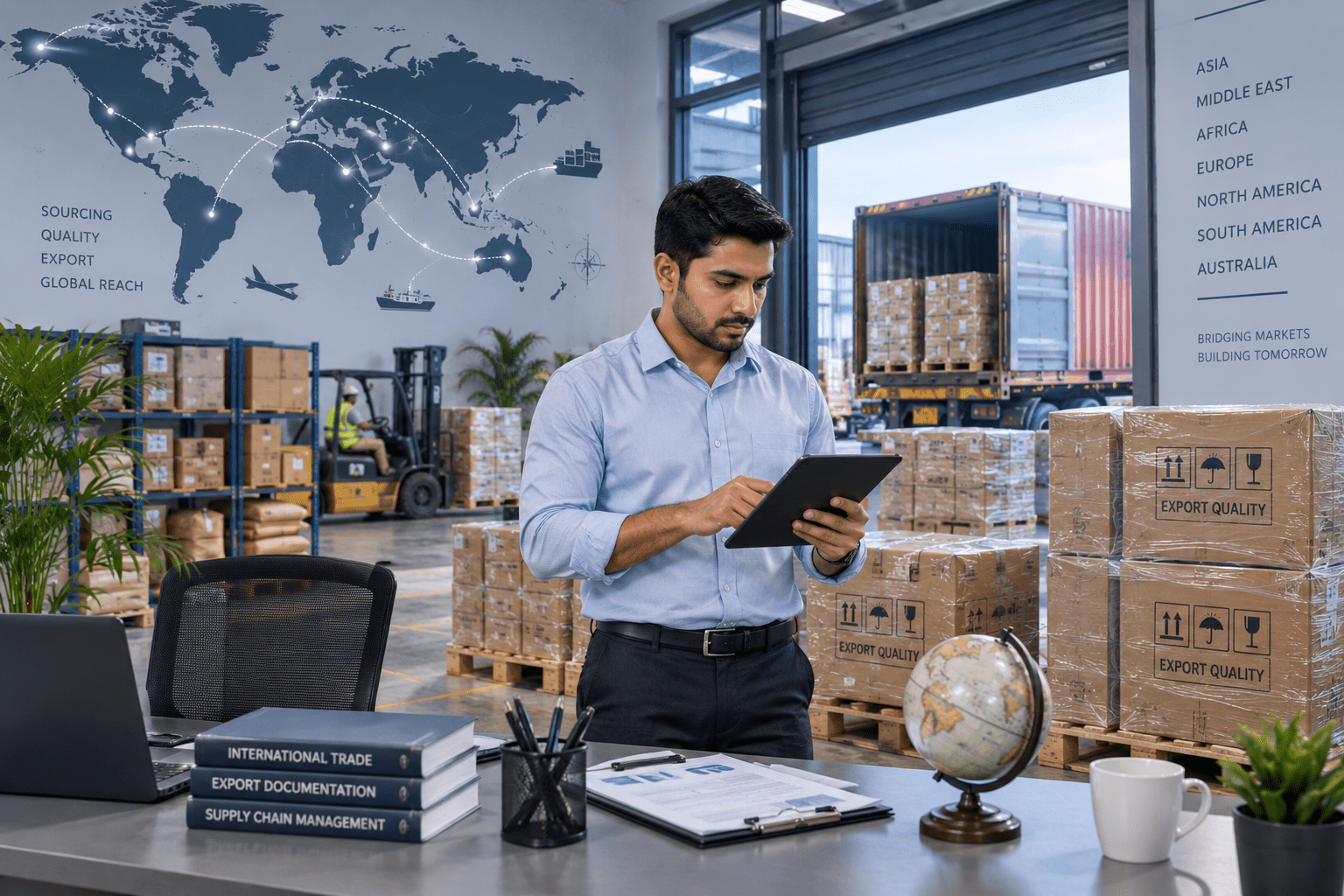 Export professional reviewing shipment details on a tablet with international shipping routes and packaged goods in the background