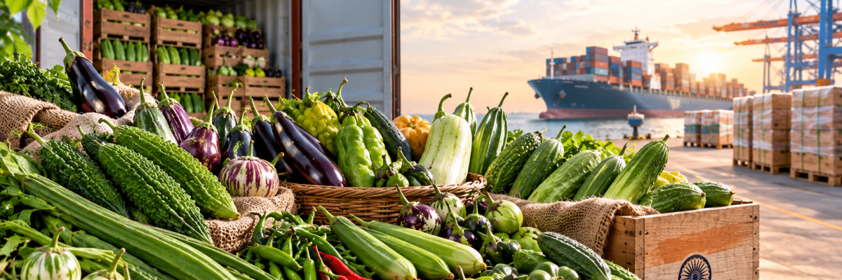 Export of exotic vegetables from India, featuring fresh Indian vegetables prepared for international markets and global export