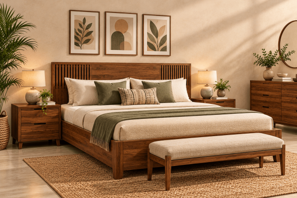 Indian wooden bed with upholstered bedding, matching bedside tables and bedroom furniture for international buyers