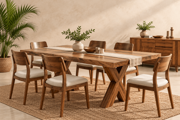 Indian wooden dining table with upholstered chairs for international furniture buyers