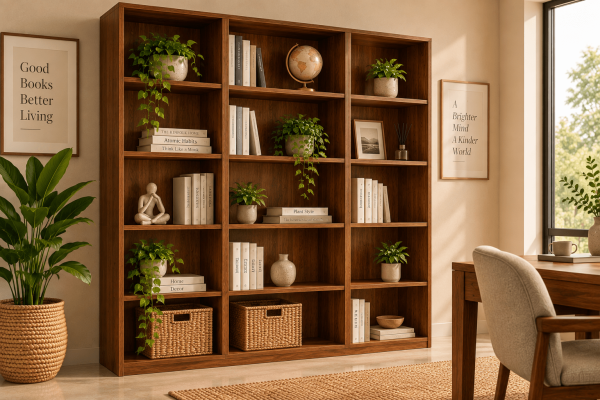 Large wooden bookshelf with open storage shelves, books and decorative plants in a modern interior