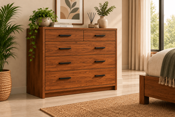 Walnut-finish wooden chest of drawers with multiple storage drawers in a modern bedroom