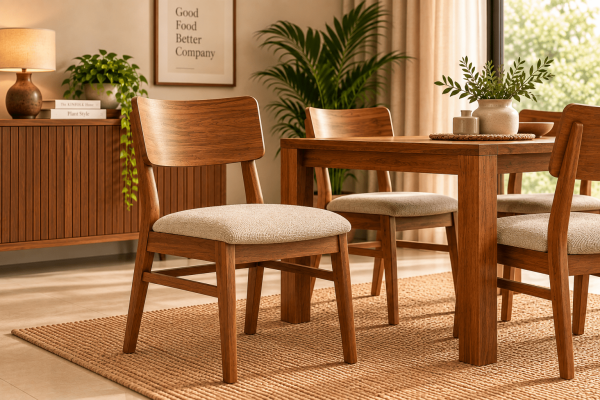 Wooden dining chair with upholstered seat and curved back in a contemporary dining room
