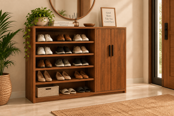 Wooden shoe rack with open shelves and enclosed storage for organizing footwear in a modern entryway