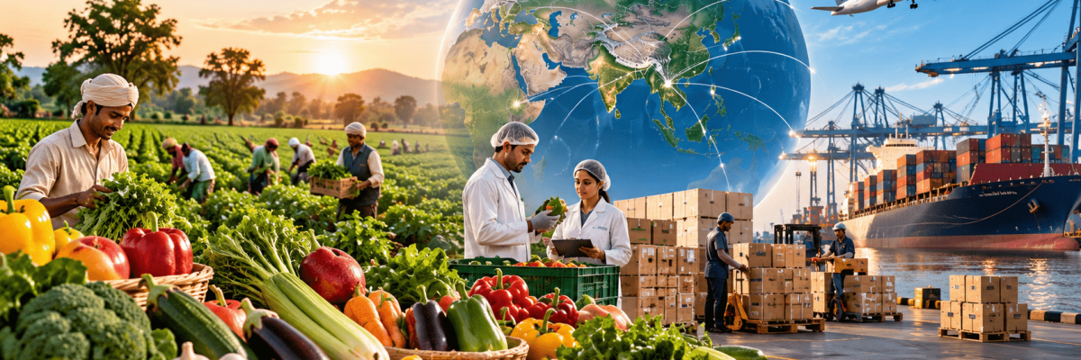 Quality-focused export solutions from India, connecting fresh Indian fruits and vegetables with global markets through sourcing, quality checking, packaging and international shipment