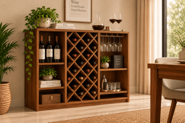 Wooden wine rack with bottle storage, glass holders and shelving in a modern dining interior